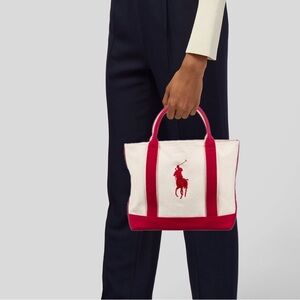 Ralph Lauren Big Pony Cream Red Striped Canvas Tote Bag Preppy